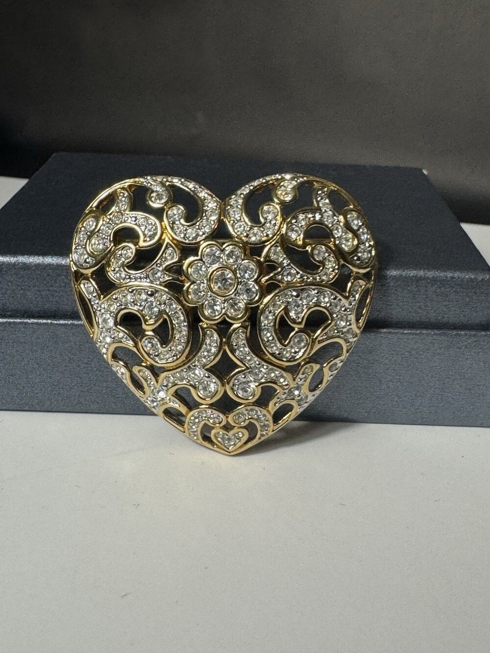 Vintage Swarovski Swan Signed Gold Tone Crystal Filigree Heart Flower Brooch